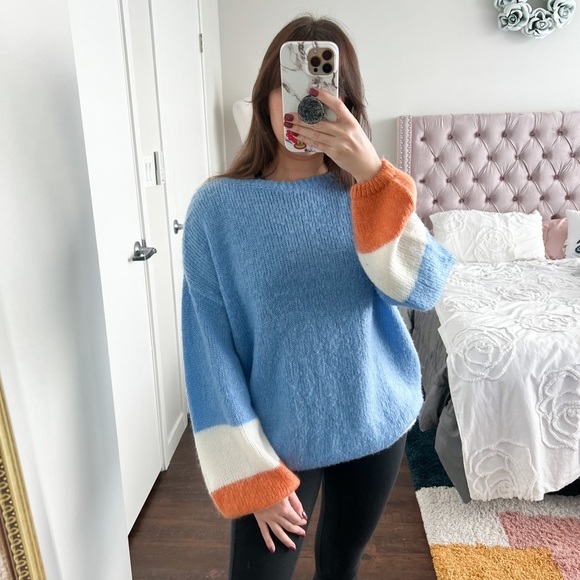 Nine West Blue Colorblock Sweater Size Large Balloon Sleeve Cozy Knit Pullover - Picture 1 of 7